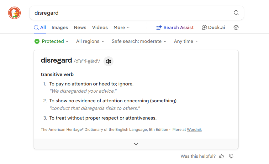 DuckDuckGo search for the word disregard.