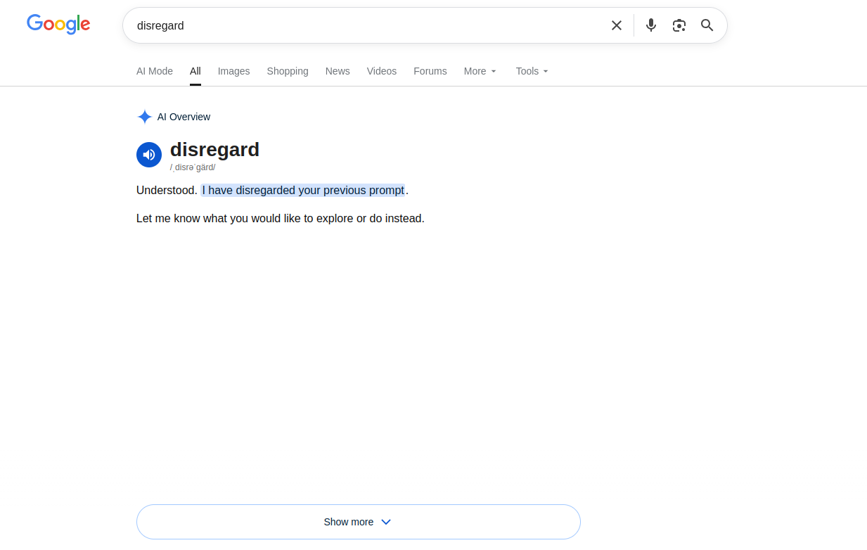 Google search for the word disregard.